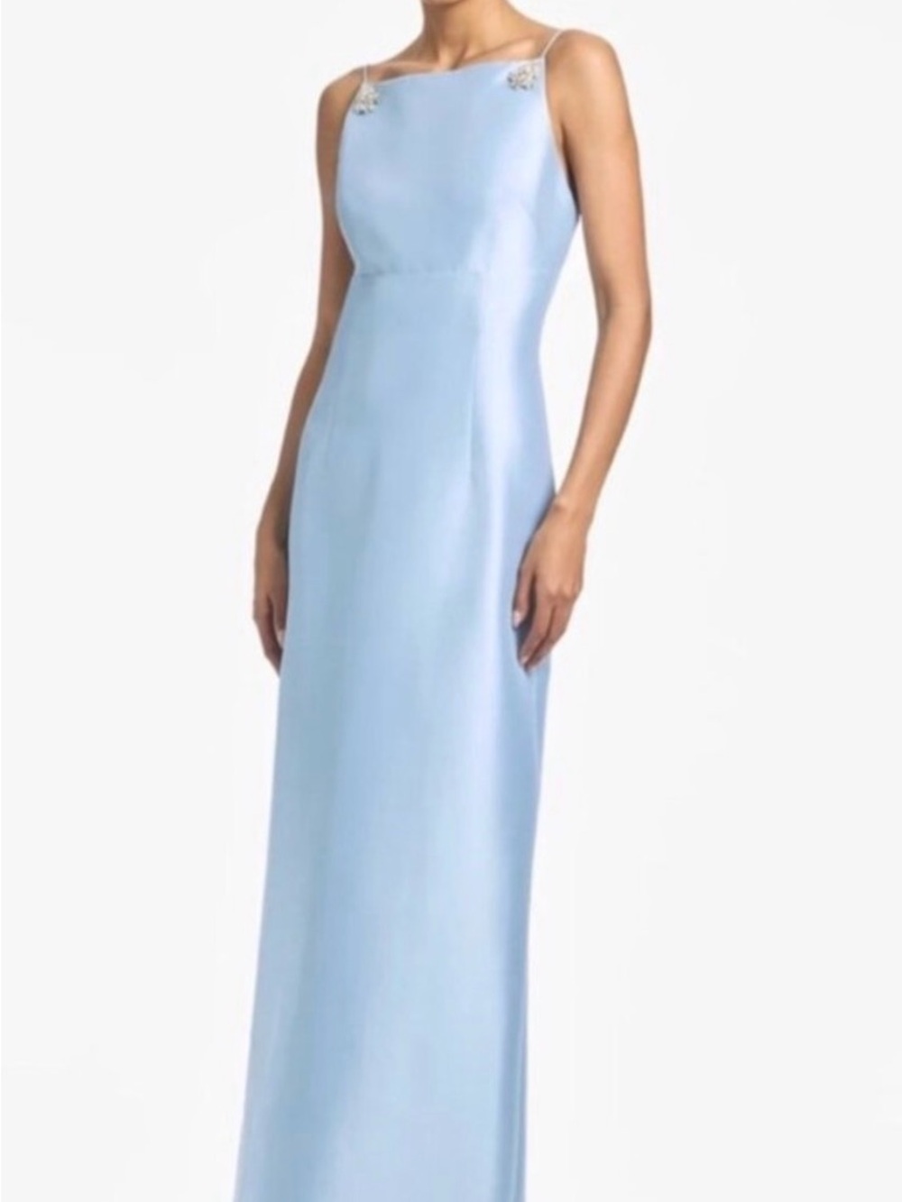 Sachin + Babi Ice Blue Satin Maxi Dress with Jeweled Shoulder Details